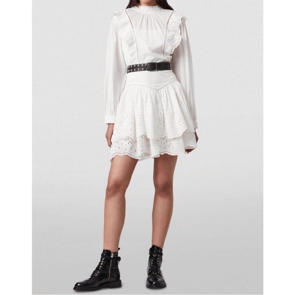 AllSaints White Eyelet Ruffle Mini Dress